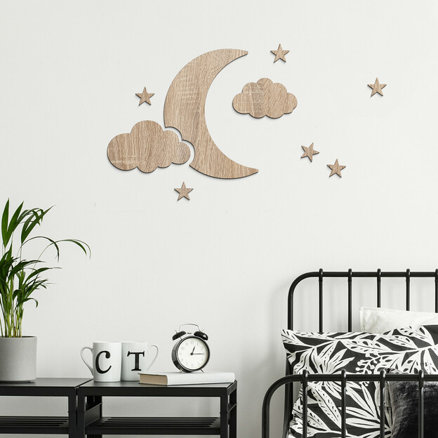 Set decorativ 3D din lemn pentru copii - Lună și stele