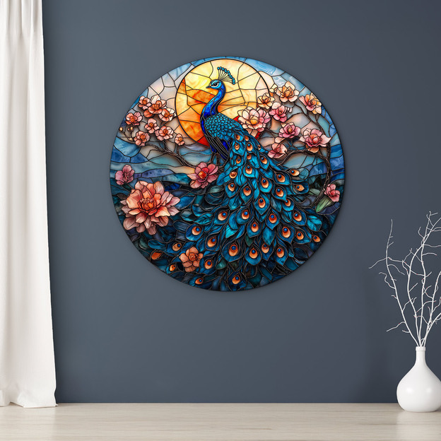 Okrúhly vitrážny obraz - Páv