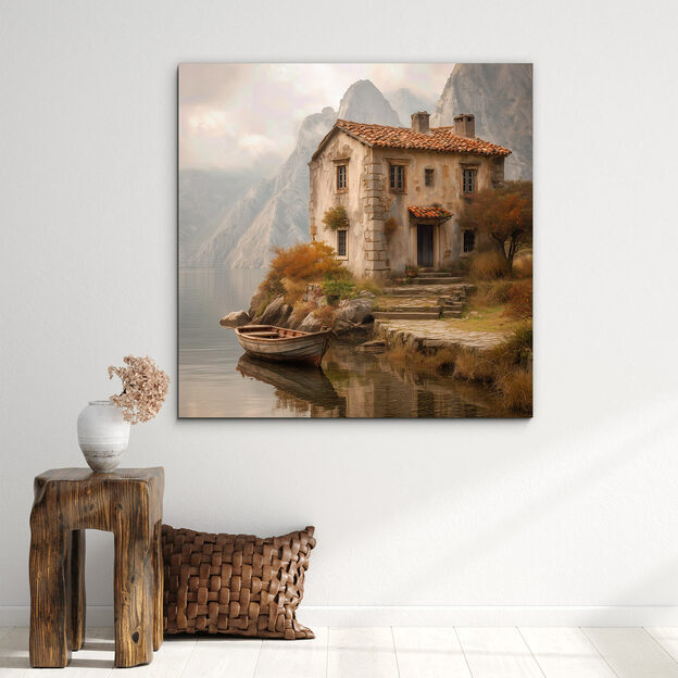 Rustic painting - Old house by the lake