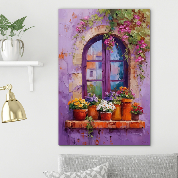 Falikép - Lila ablak virágcseréppekkel