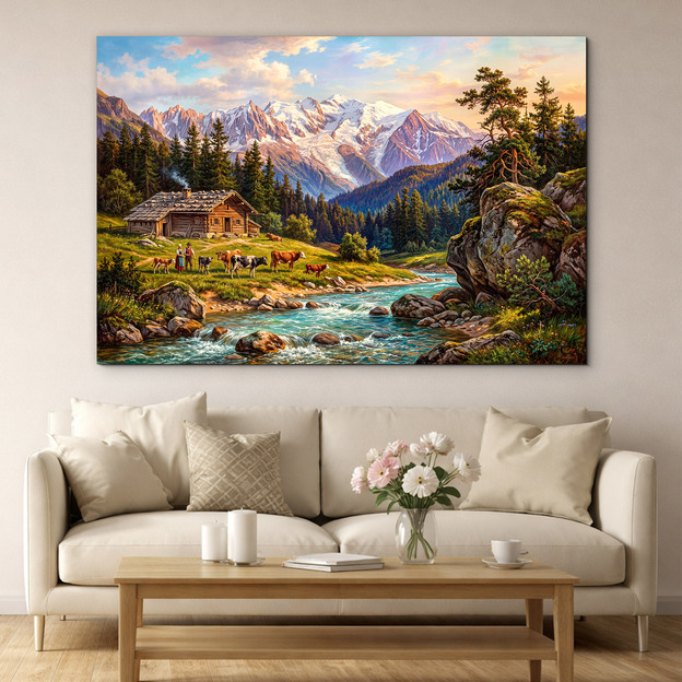 Drevený obraz - Alpská krajina s chalupou