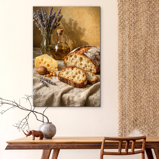Vintage obraz do jedálne - Chlieb, syr a levanduľa