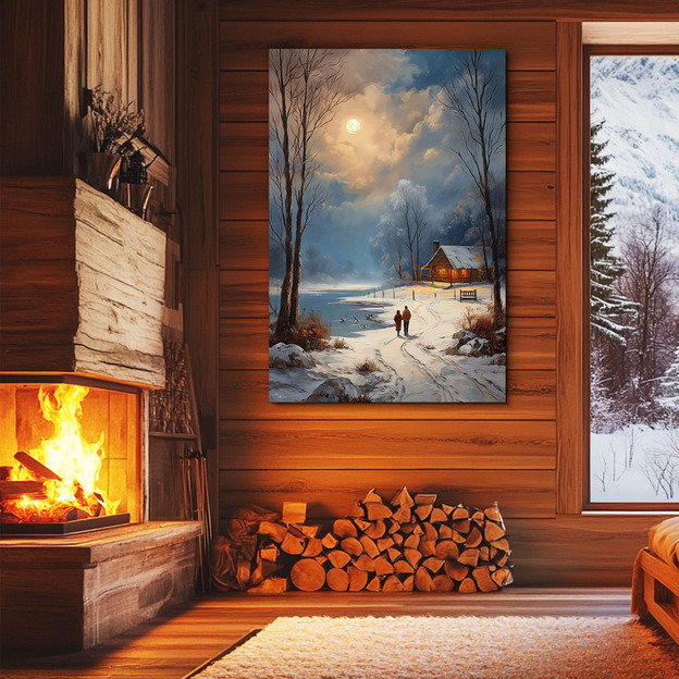 Winter scene - Cabin by the lake