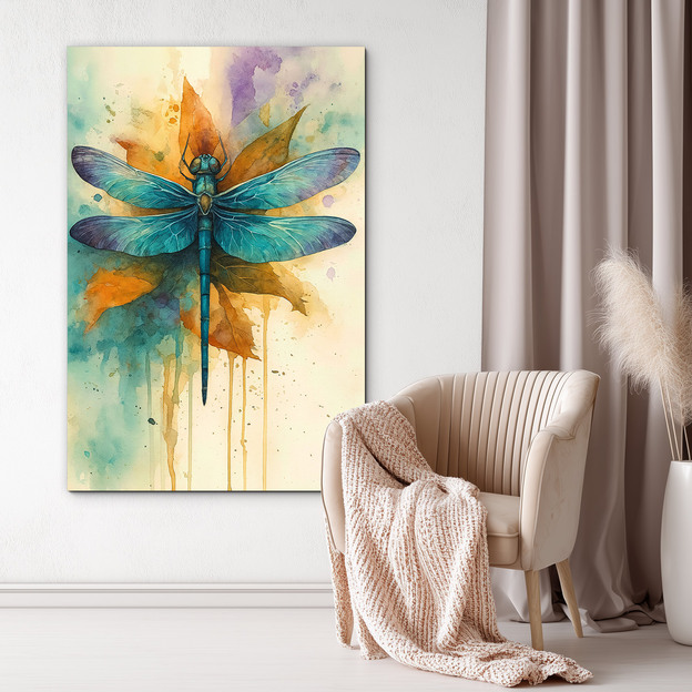 Wooden picture - Blue dragonfly in watercolor