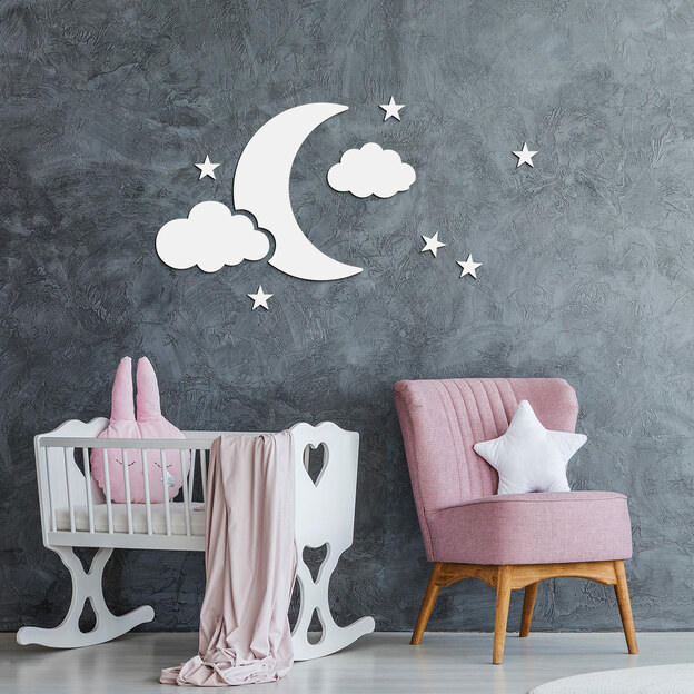 Set decorativ 3D din lemn pentru copii - Lună și stele