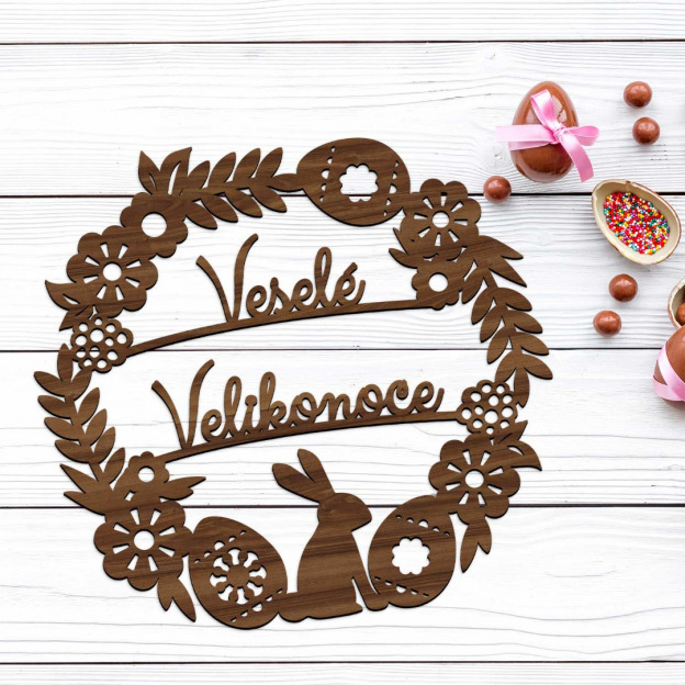 Dřevěný věnec na dveře - Veselé Velikonoce