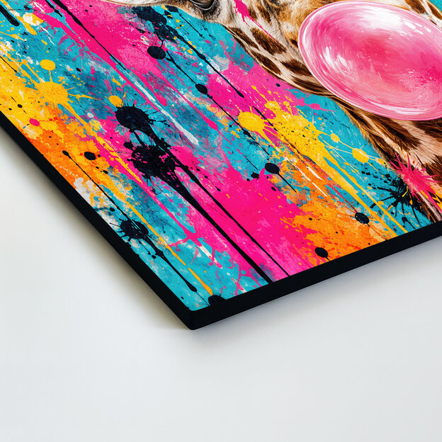 Vtipný drevený obraz - Pop art žirafa so žuvačkou