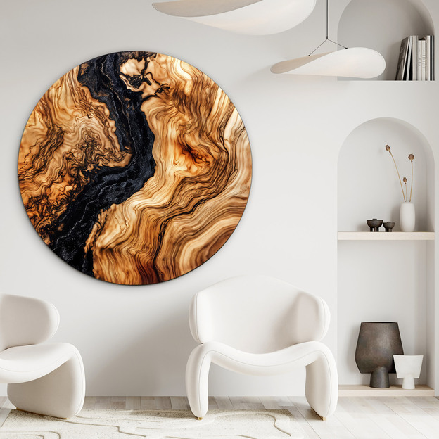 Round wooden picture with black resin effect - Ignis