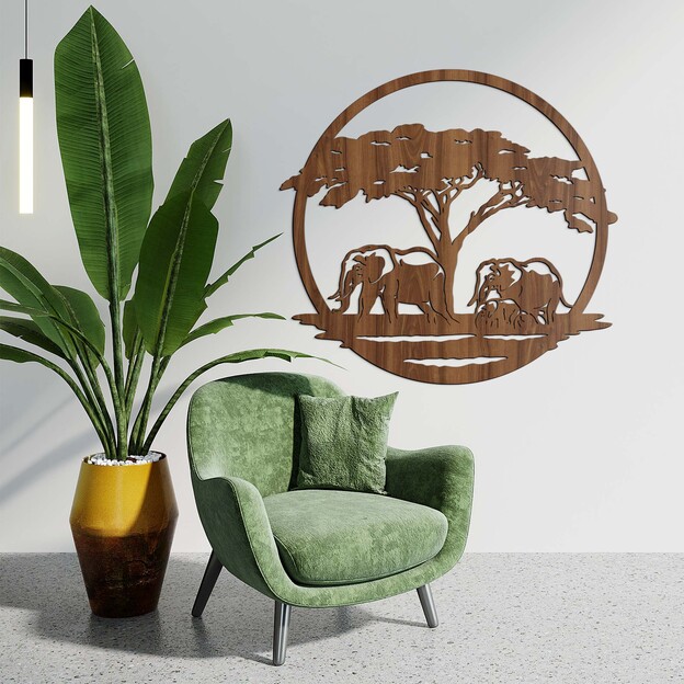 Wooden Wall Art - Elephants under the Acacia