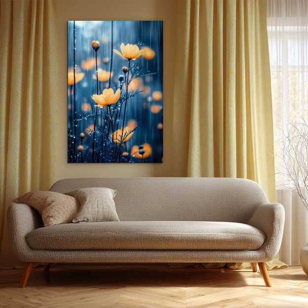 Drevený obraz - Žlté kvety v daždi