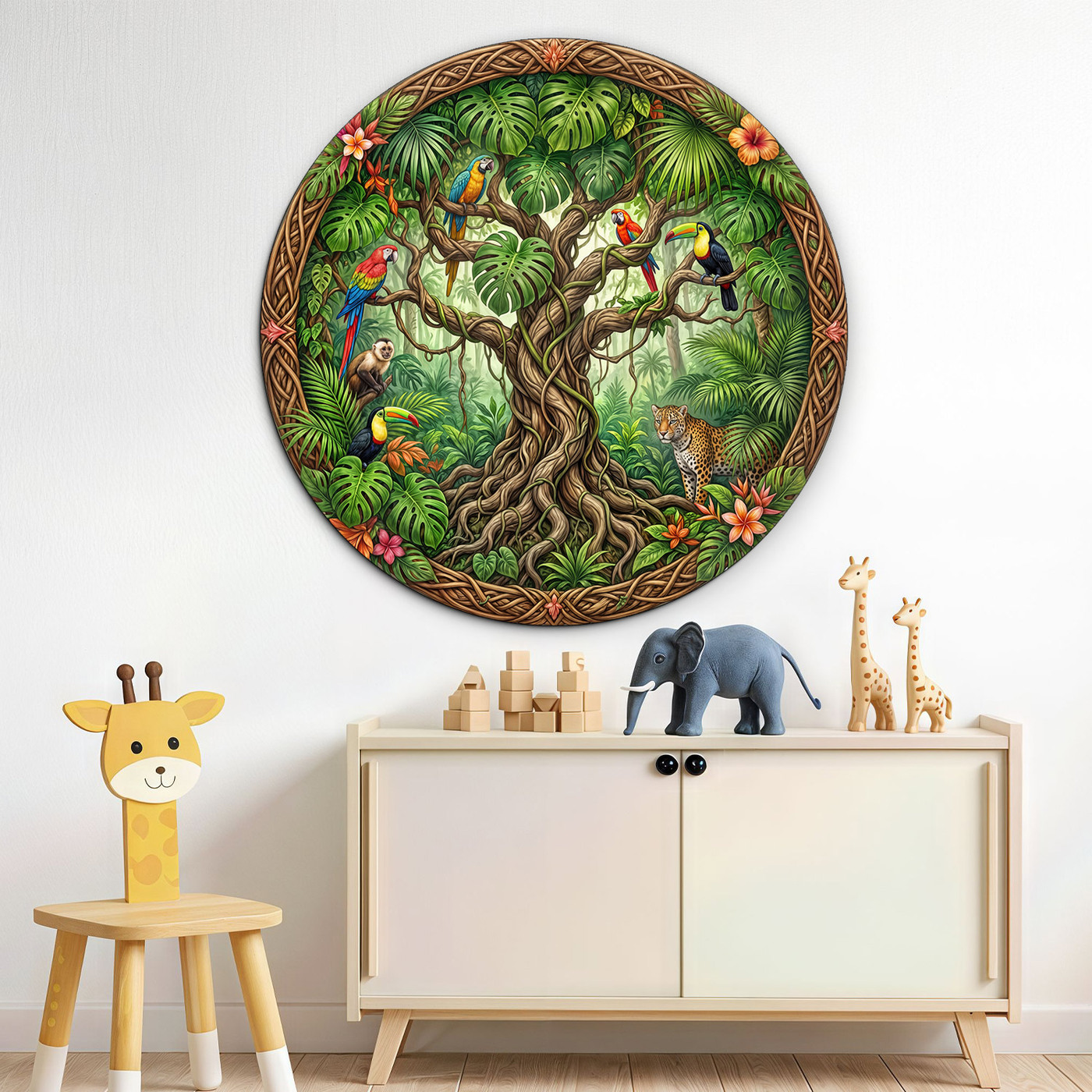 Drevený obraz stromu života - Raj papagájov