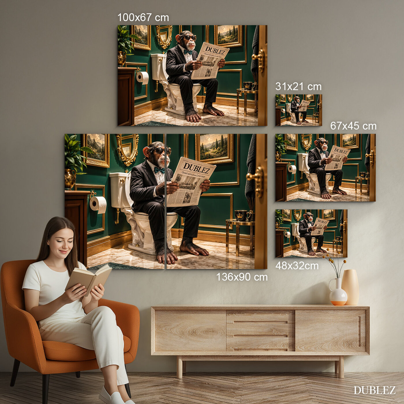 Satirický obraz šimpanza - Gentleman na tróne | 136x90 cm