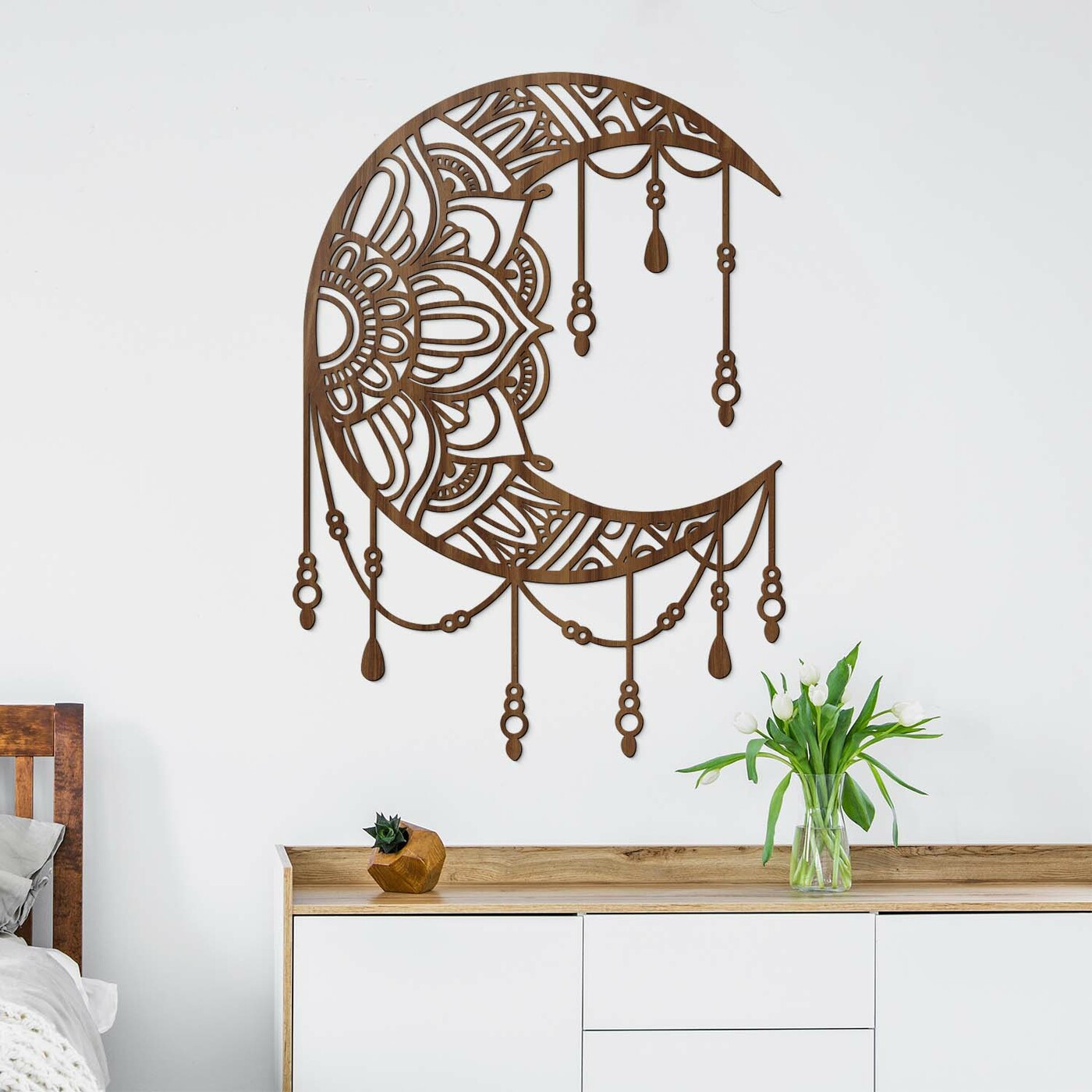 Velký lapač snů na zeď - Mandala Moon | Ořech