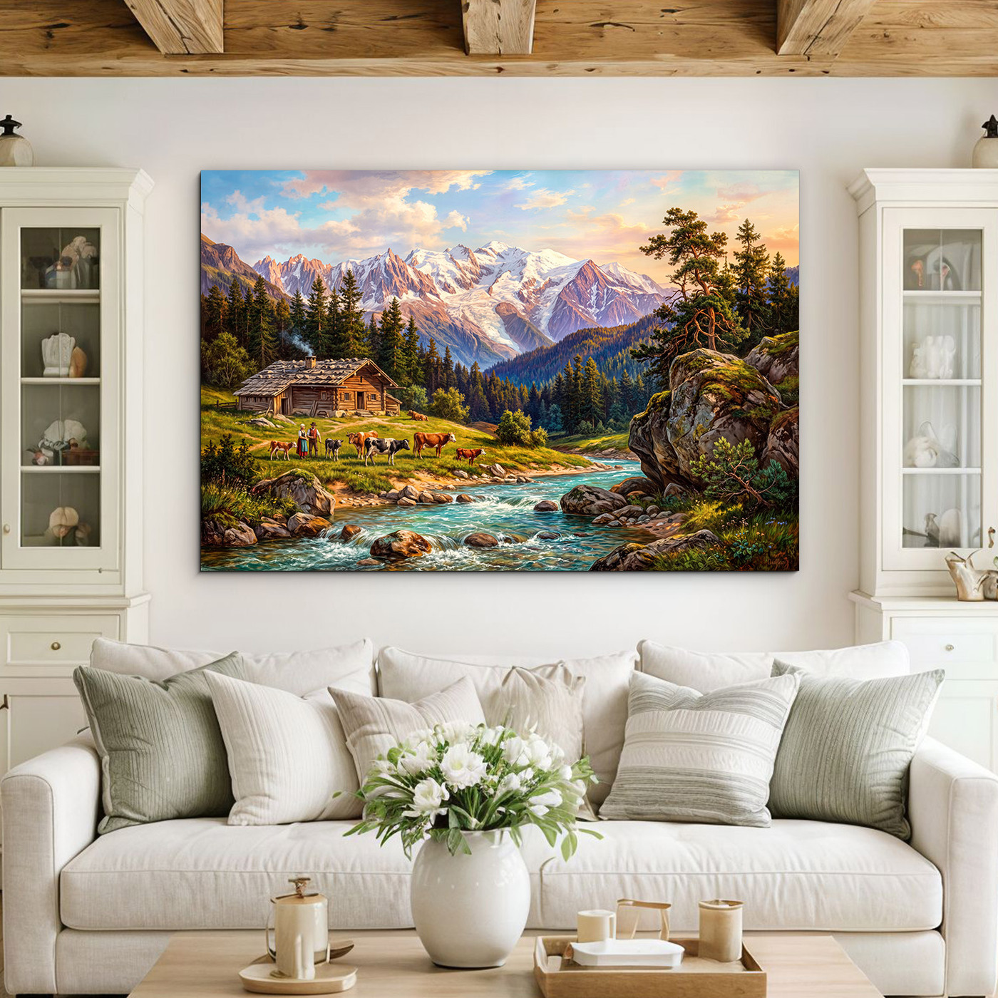 Drevený obraz - Alpská krajina s chalupou