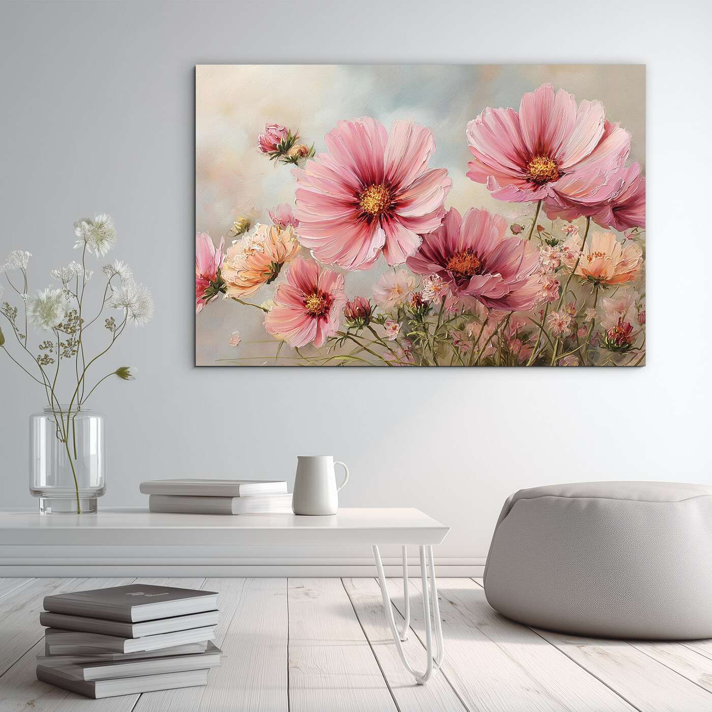 Tablou din lemn pentru living - Flori roz de mari dimensiuni