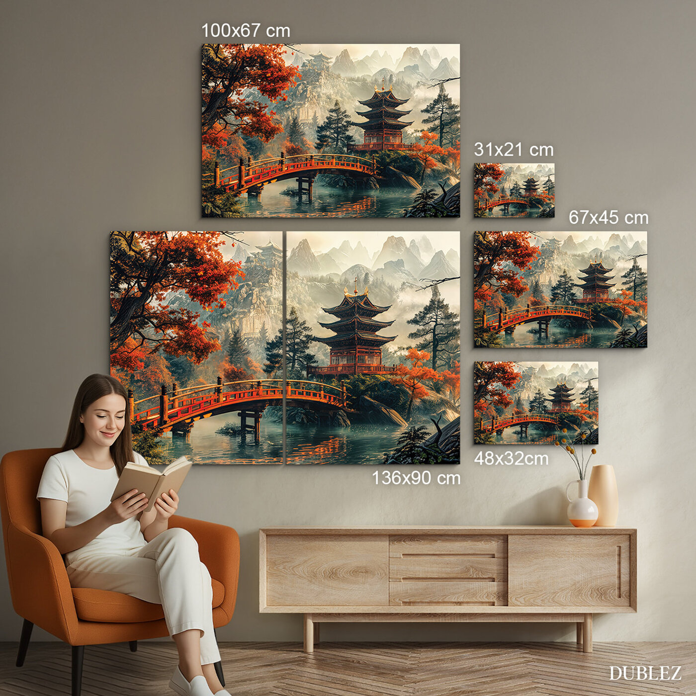 Čínsky obraz - Chrám pri červenom moste | 136x90 cm