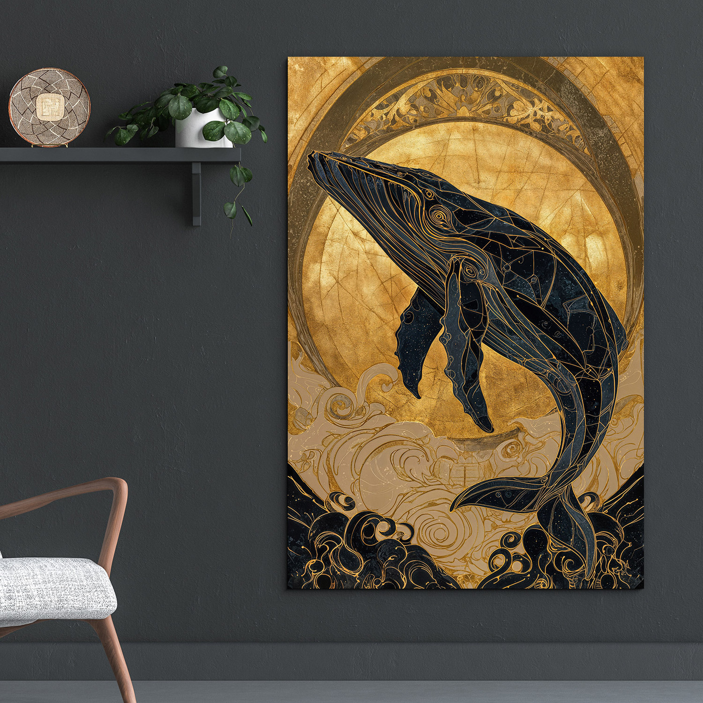 Luxusný zlatý obraz s veľrybou