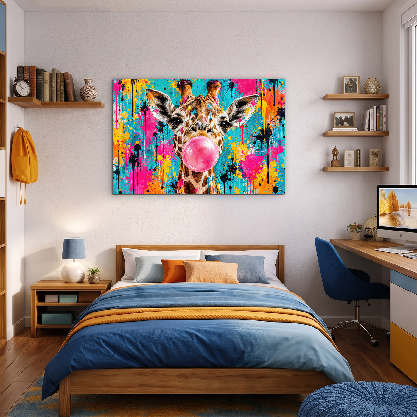 Vtipný drevený obraz - Pop art žirafa so žuvačkou