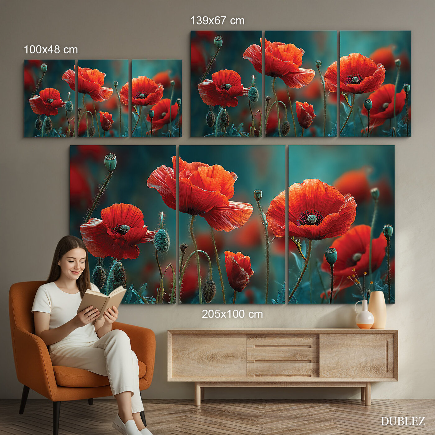 Three-piece wooden painting - Poppies