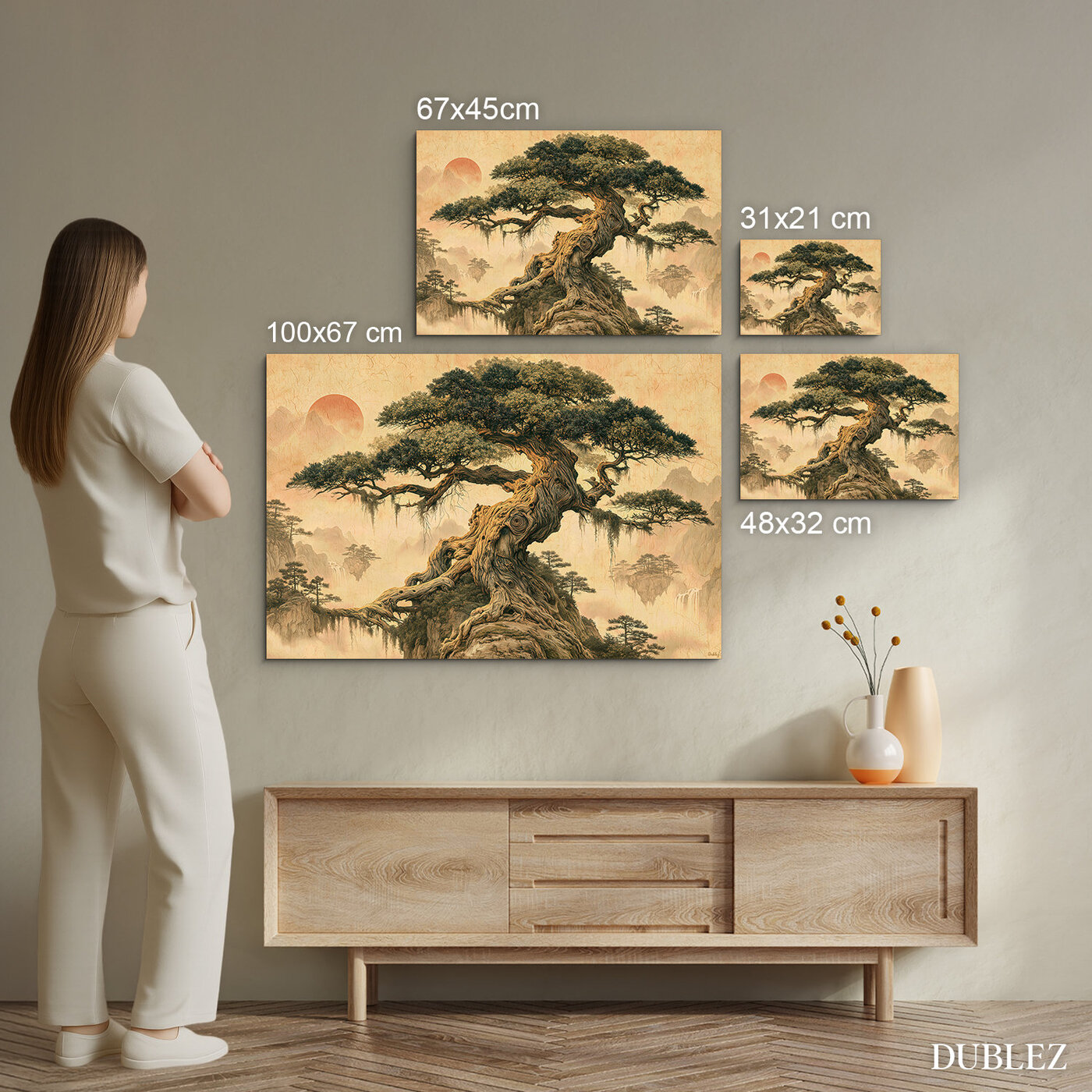 Japandi wooden picture - Bonsai on a rock