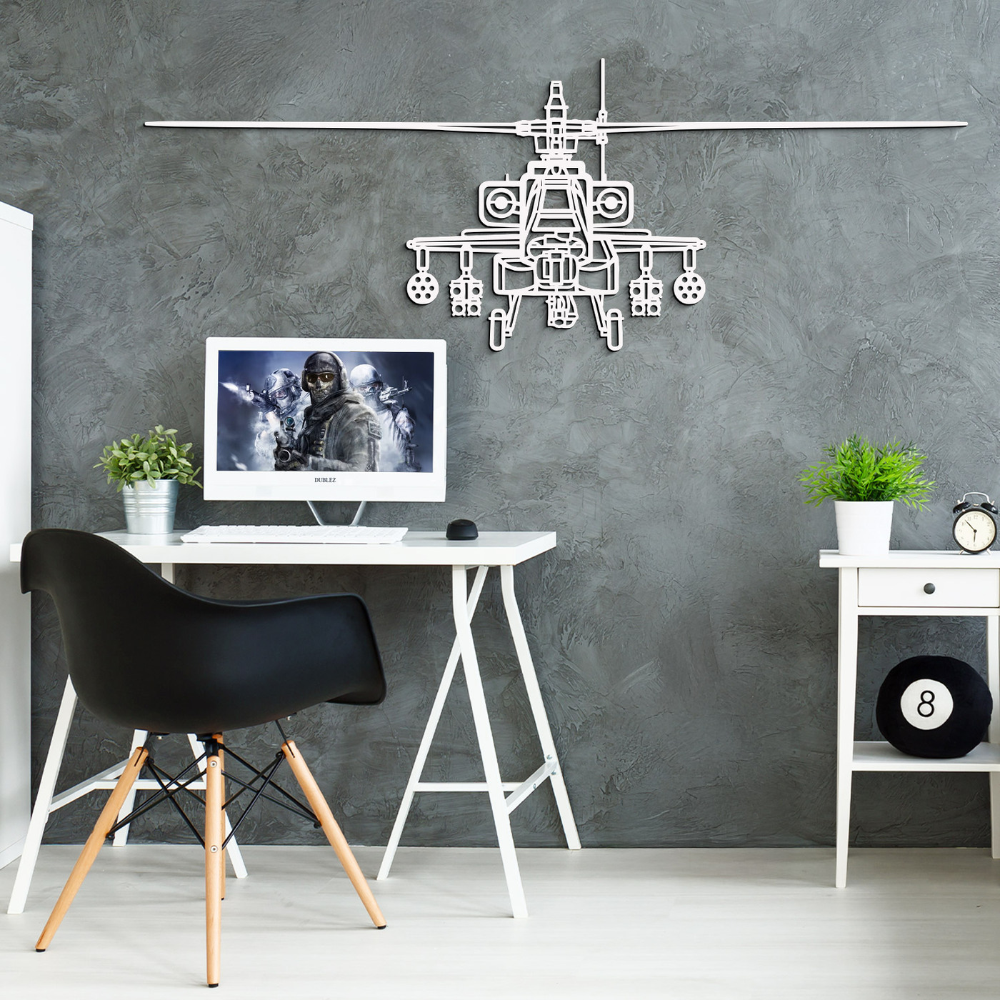 Tablou din lemn - Elicopter militar Apache | Alb