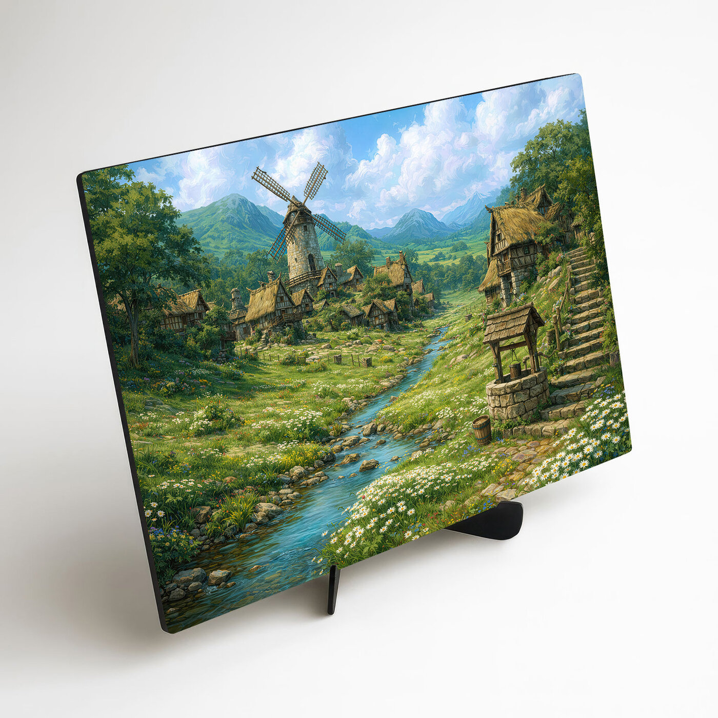 Dřevěný obraz krajinky - Vesnice s mlýnem