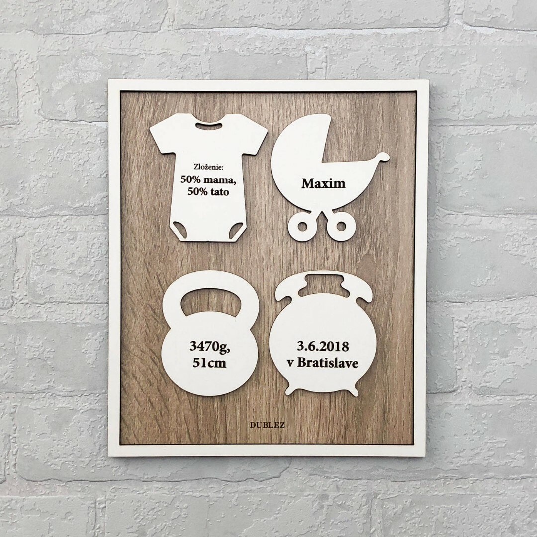 Drevená pamätná tabuľka pre novorodenca  | Biela / Dub Sonoma