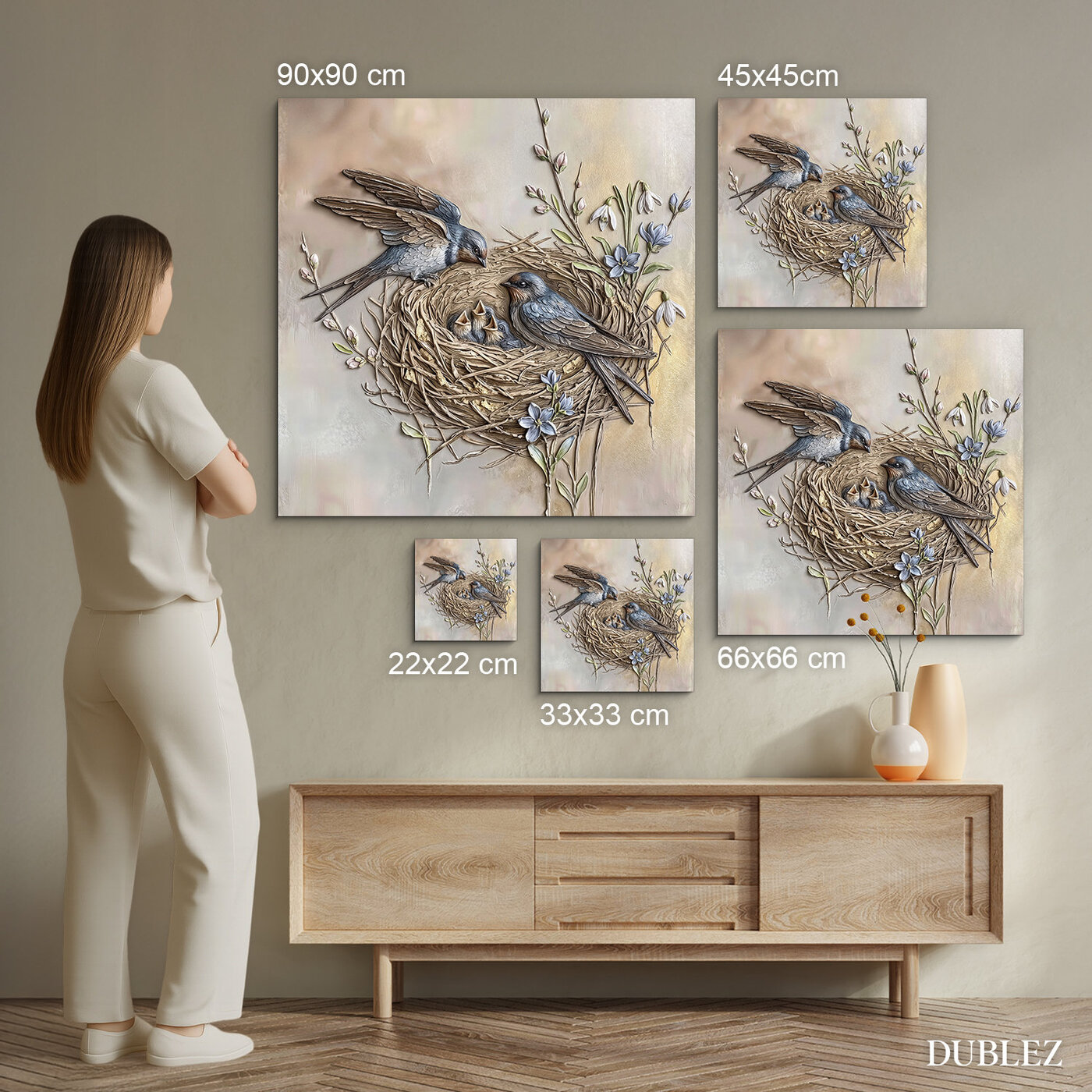 Fából készült falikép - Madarak a fészekben