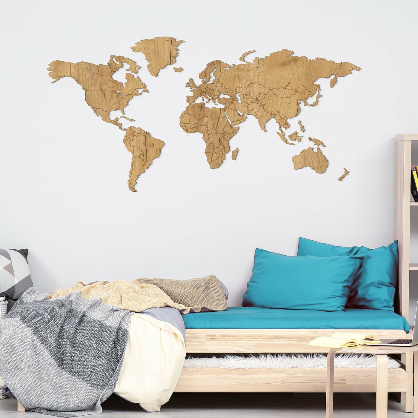Wooden 3D World Map with Marked State Borders | Gold Craft Oak