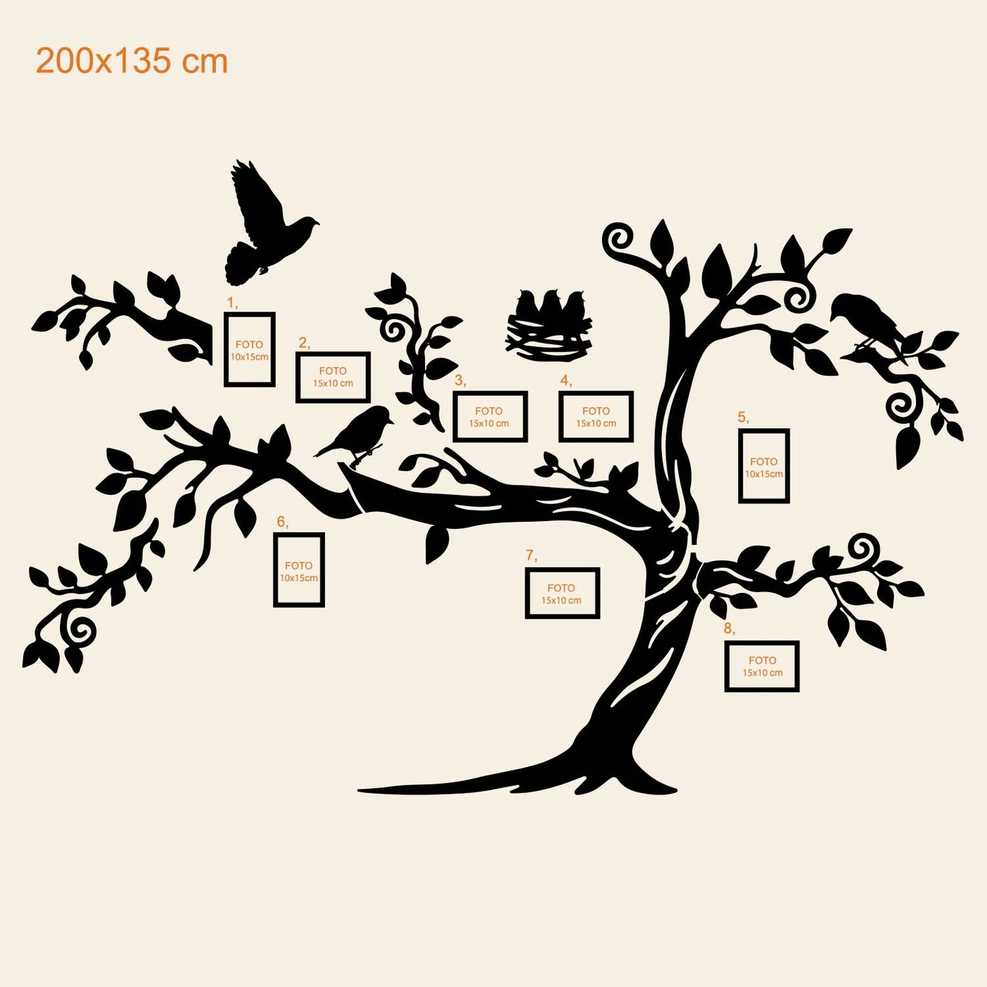 Wooden Family Tree on the Wall - Birds | 200x135 cm