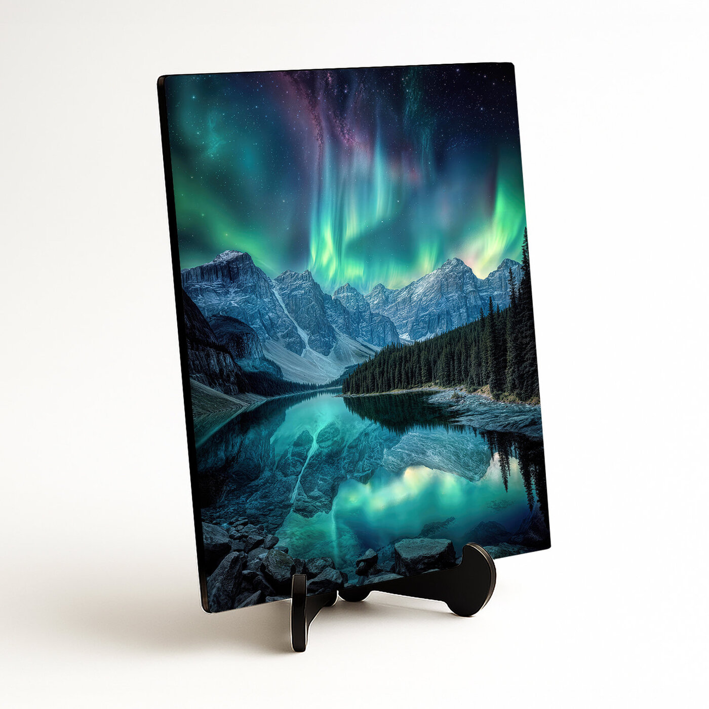 Dřevěný obraz hor - Polární záře