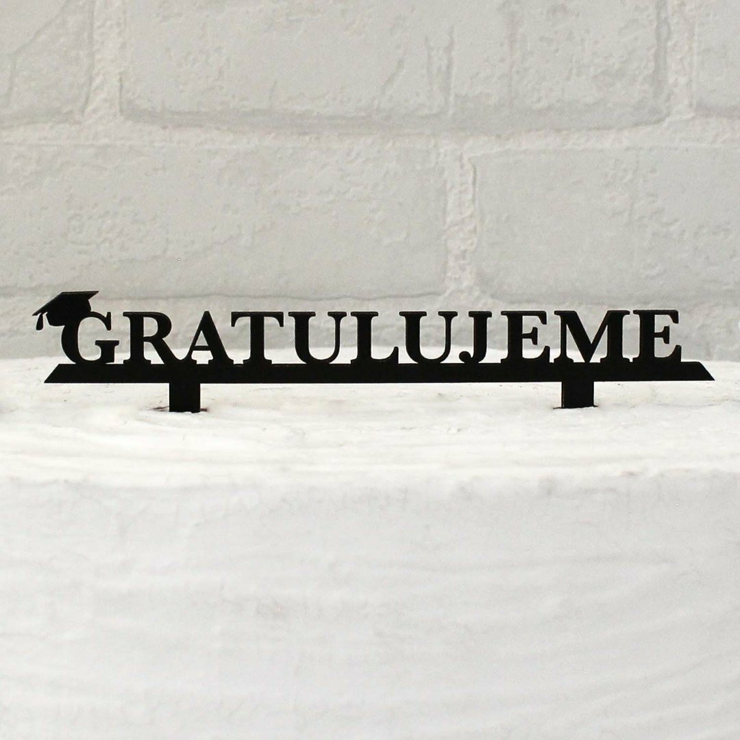 Drevený zápich na tortu - nápis gratulujeme pre študenta | Čierna