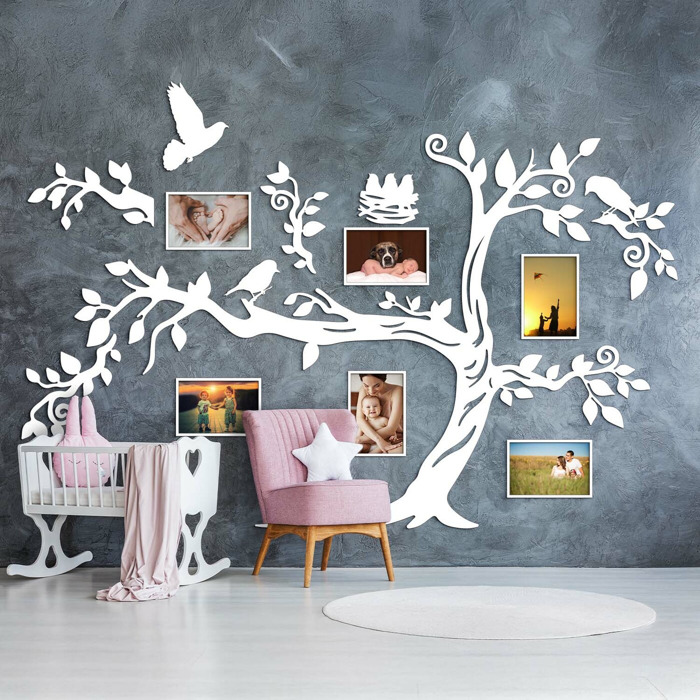 Wooden Family Tree on the Wall - Birds | White