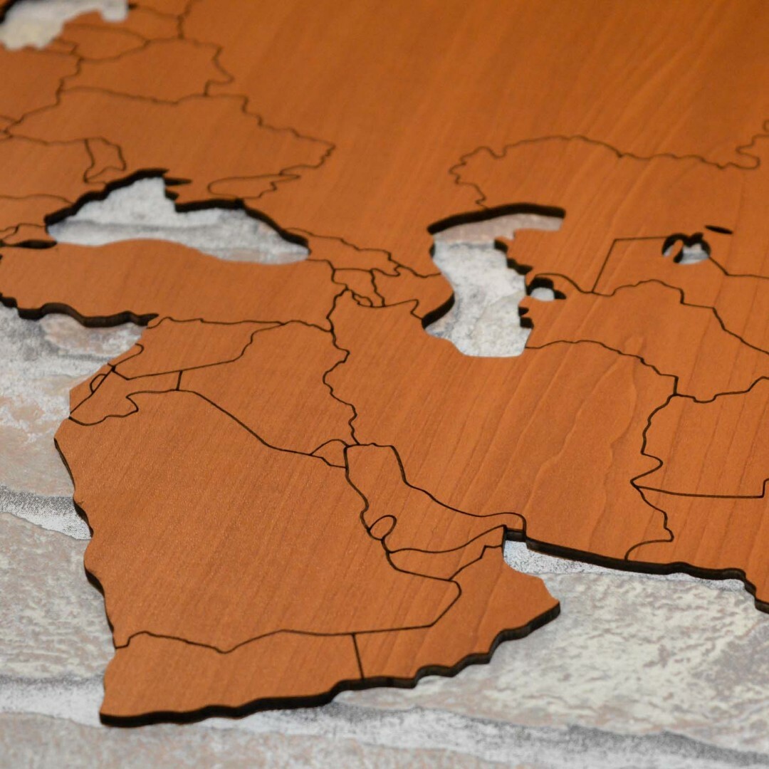 Wooden 3D World Map with Marked State Borders | Cherry
