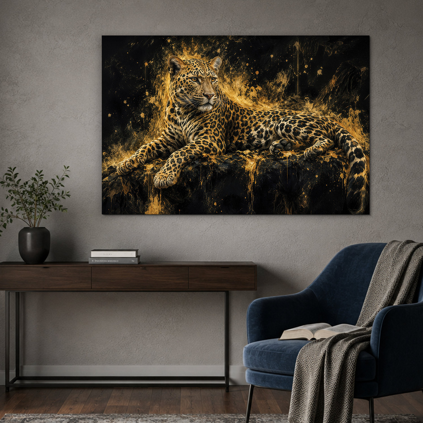 Čierno-zlatý obraz na dreve - Leopard