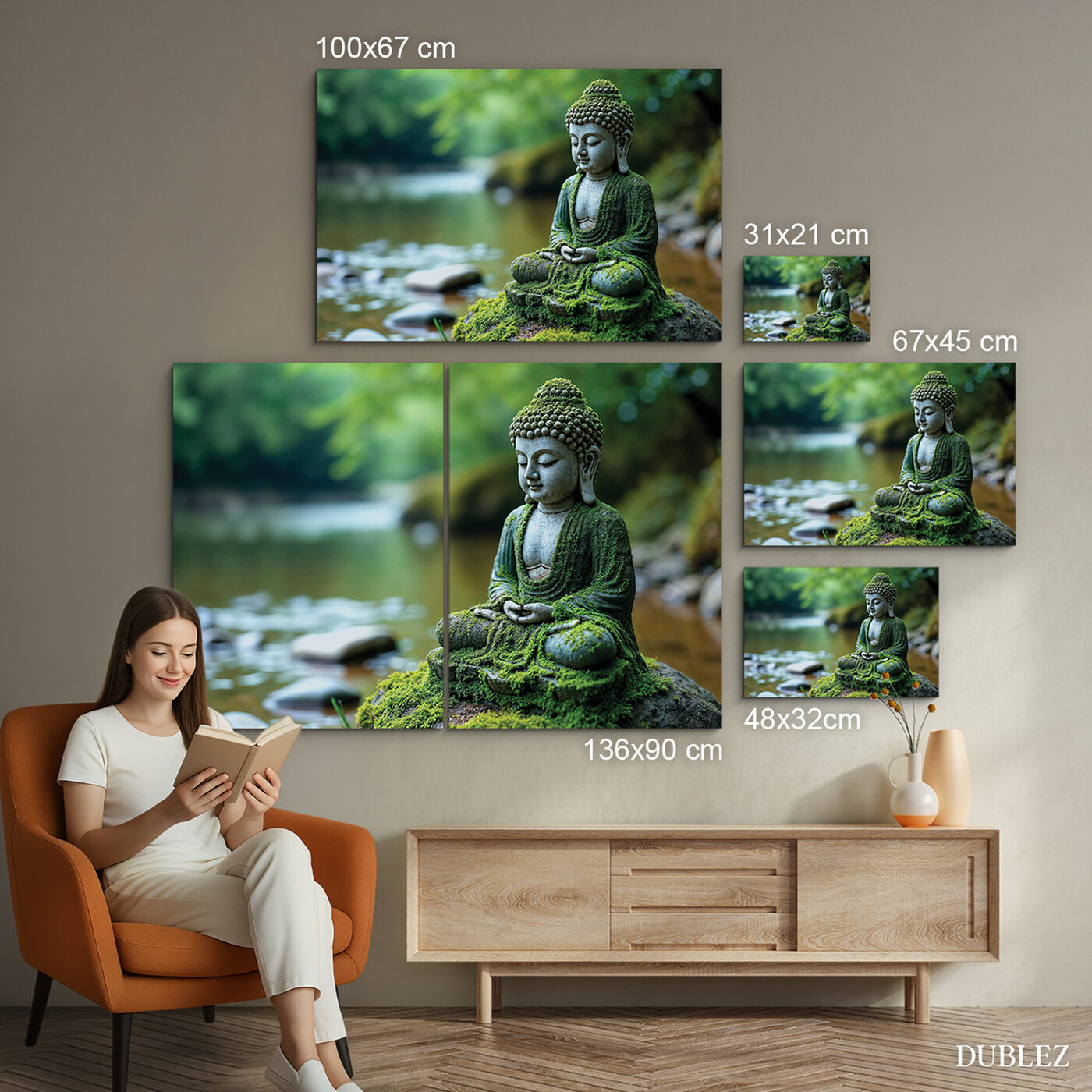 Nástěnný obraz - Kamenný Buddha v lese | 136x90 cm