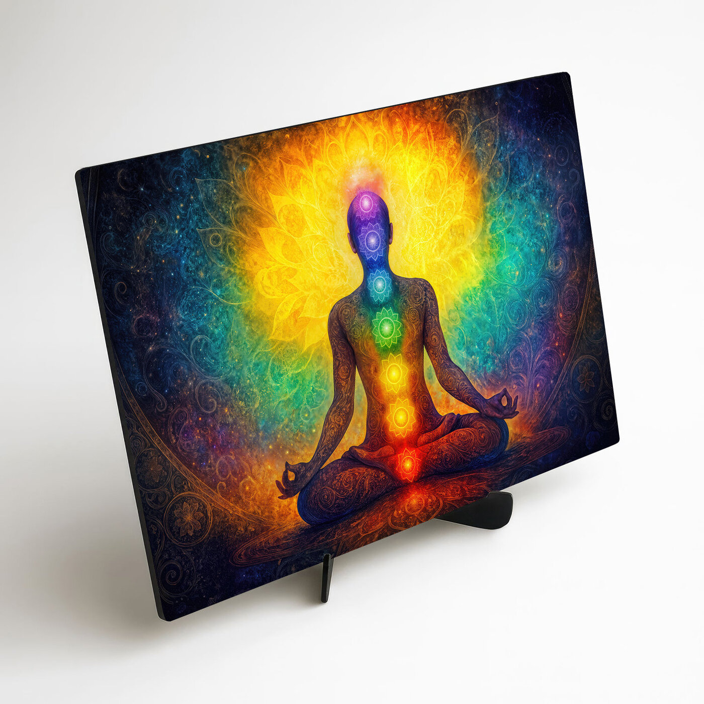 Dřevěný obraz meditace - Jóga a čakry