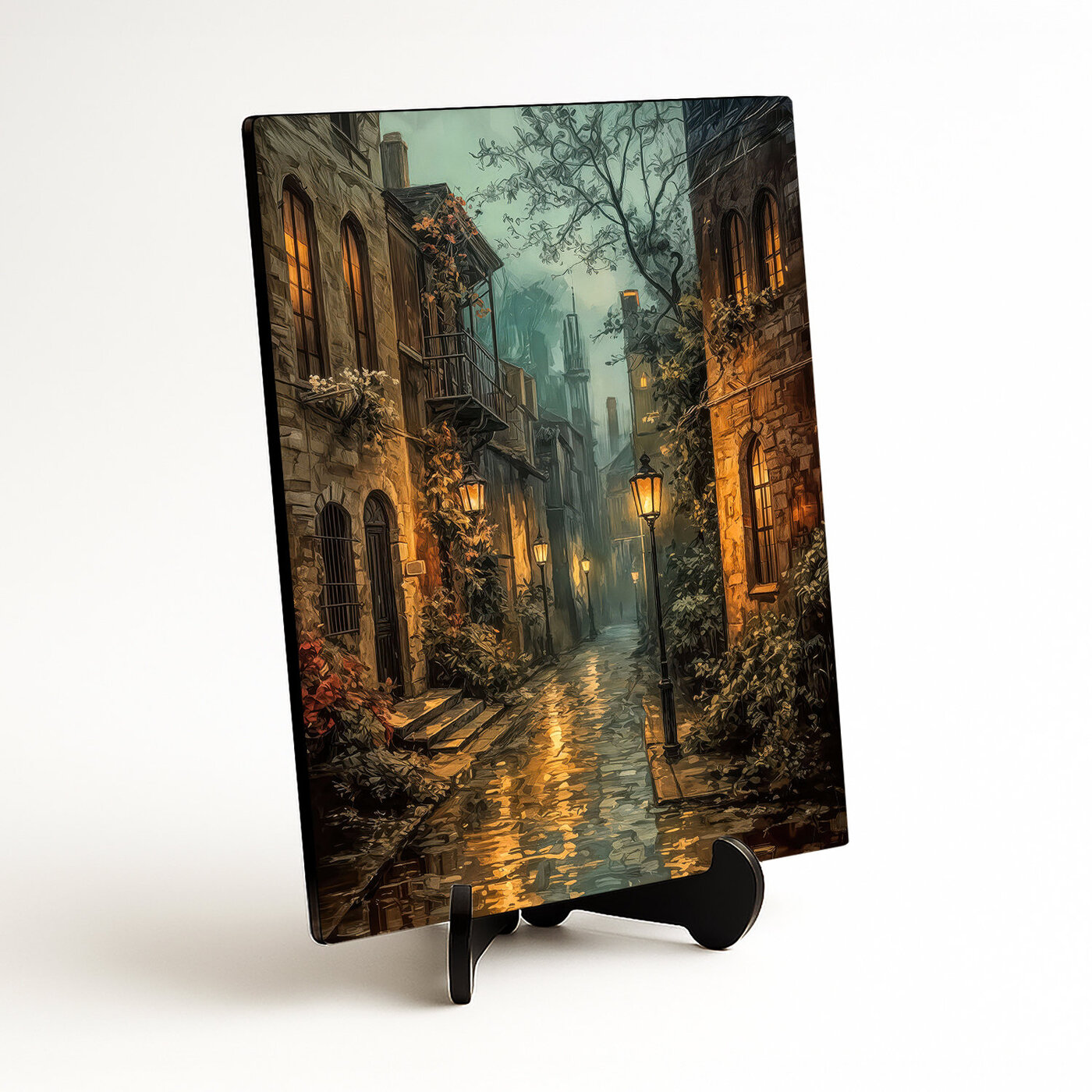Modern painting on wood - Atmosphere of an evening city