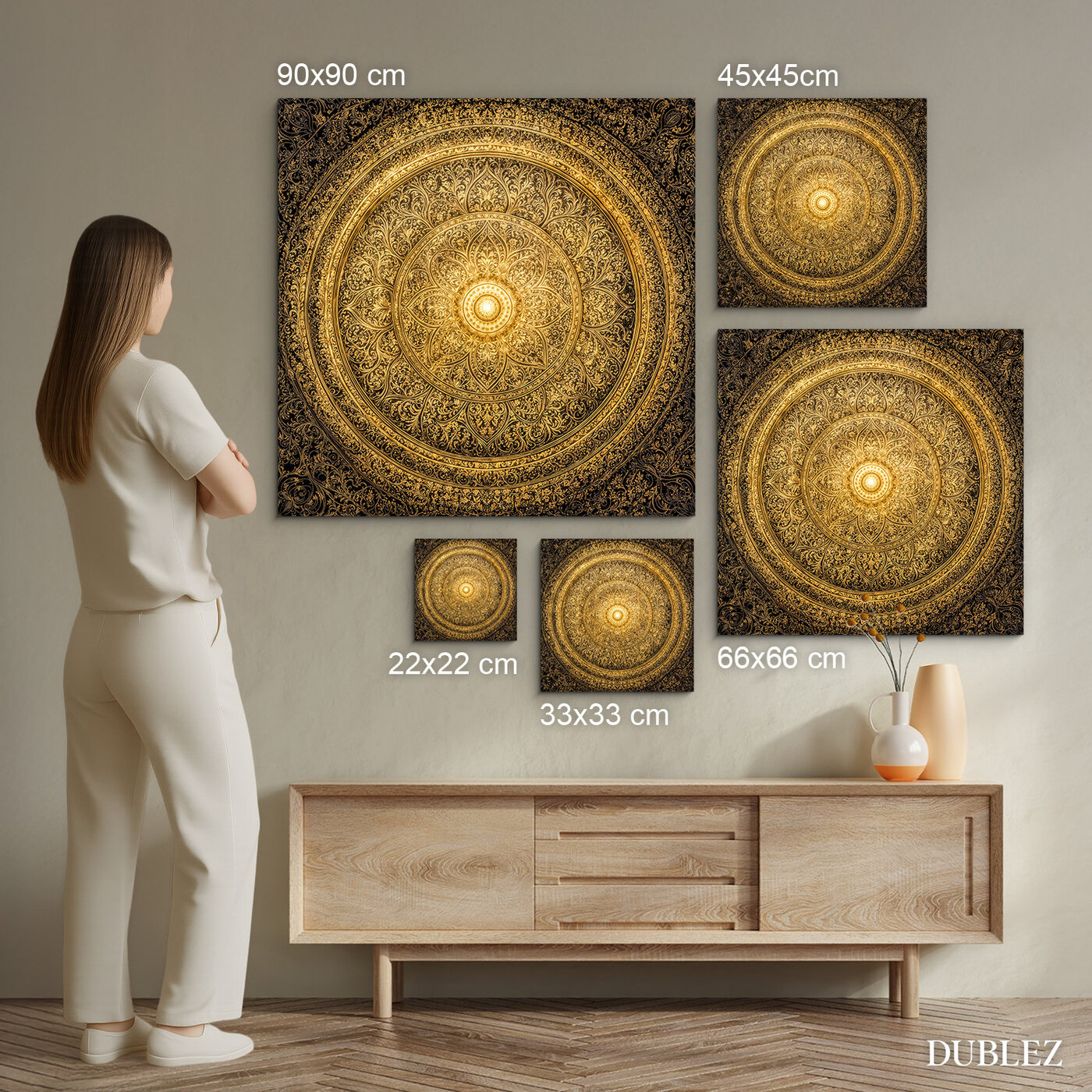 Drevený obraz zlatej mandaly - Dharma