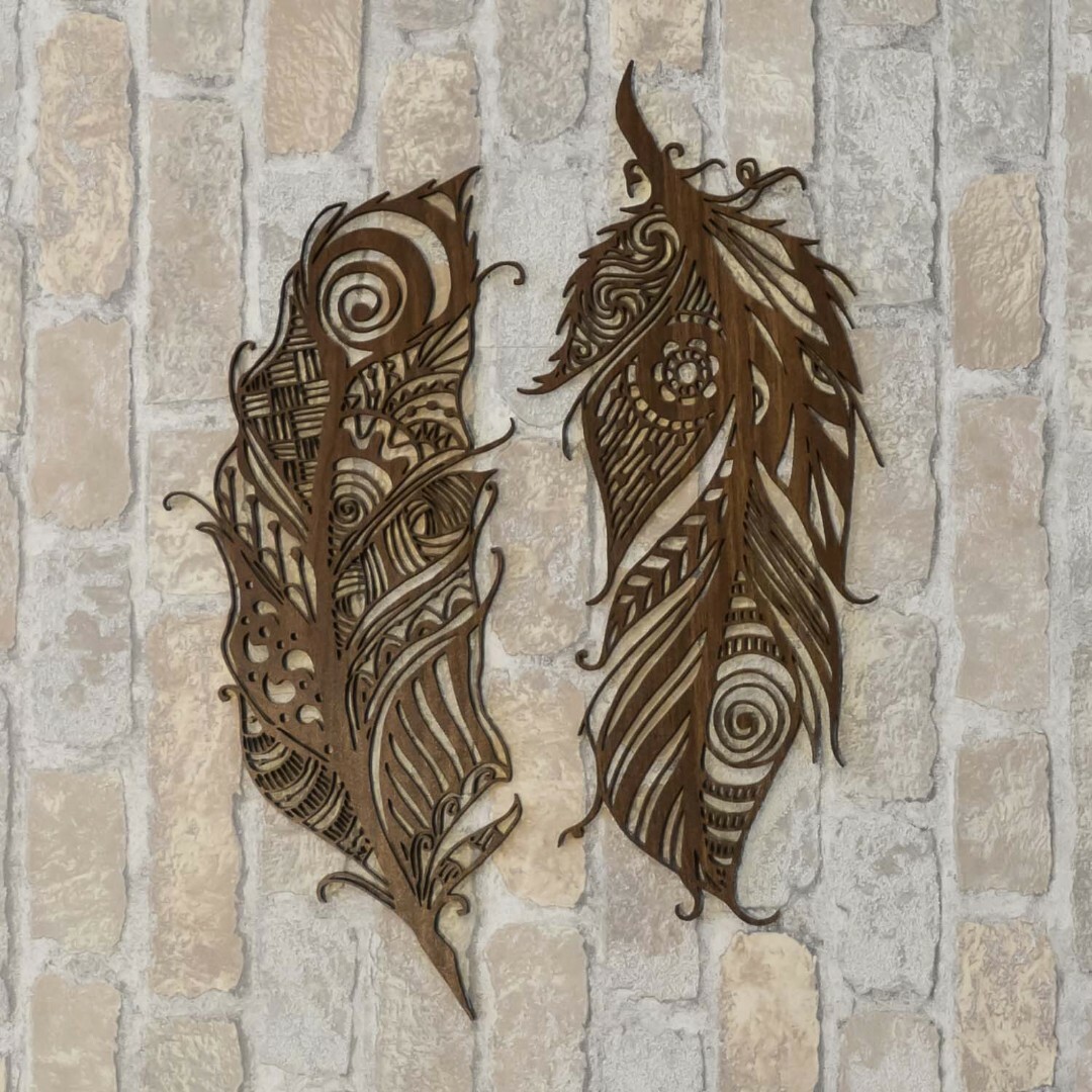 Cut-out Feathers on the Wall made from Wood | Walnut