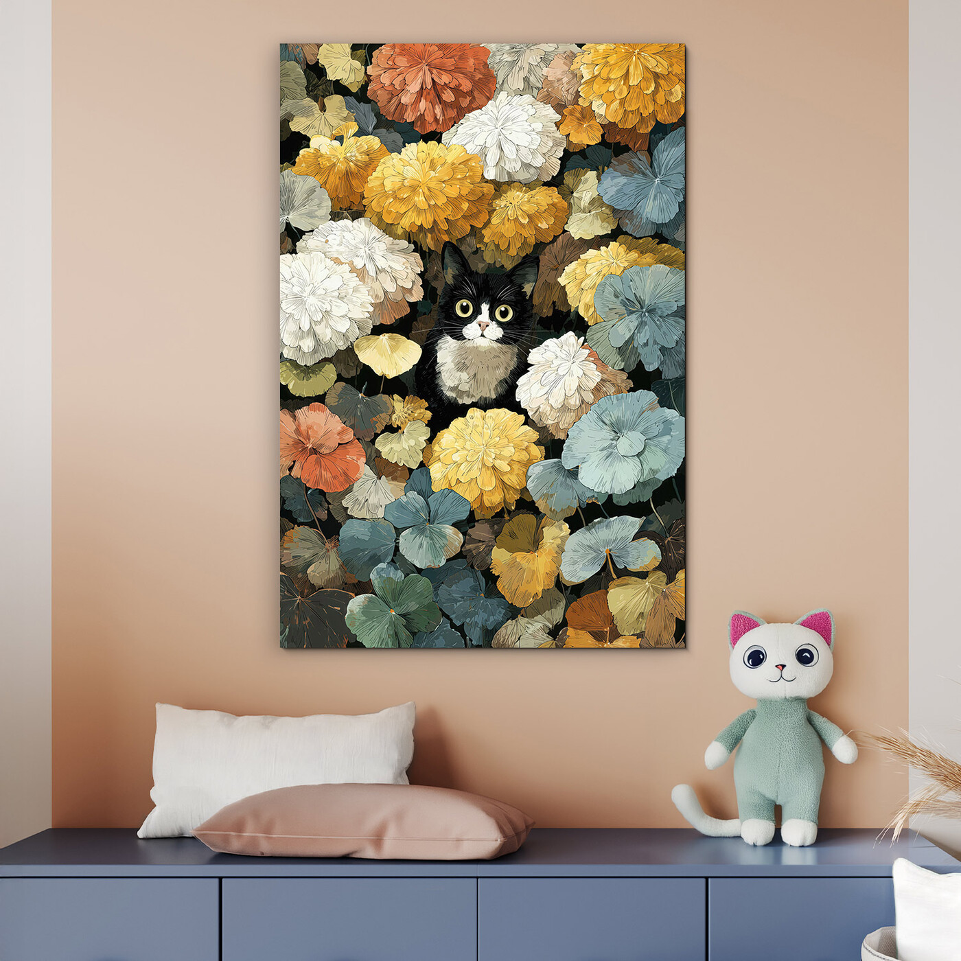 Pestrofarebný obraz - Mačka v kvetoch