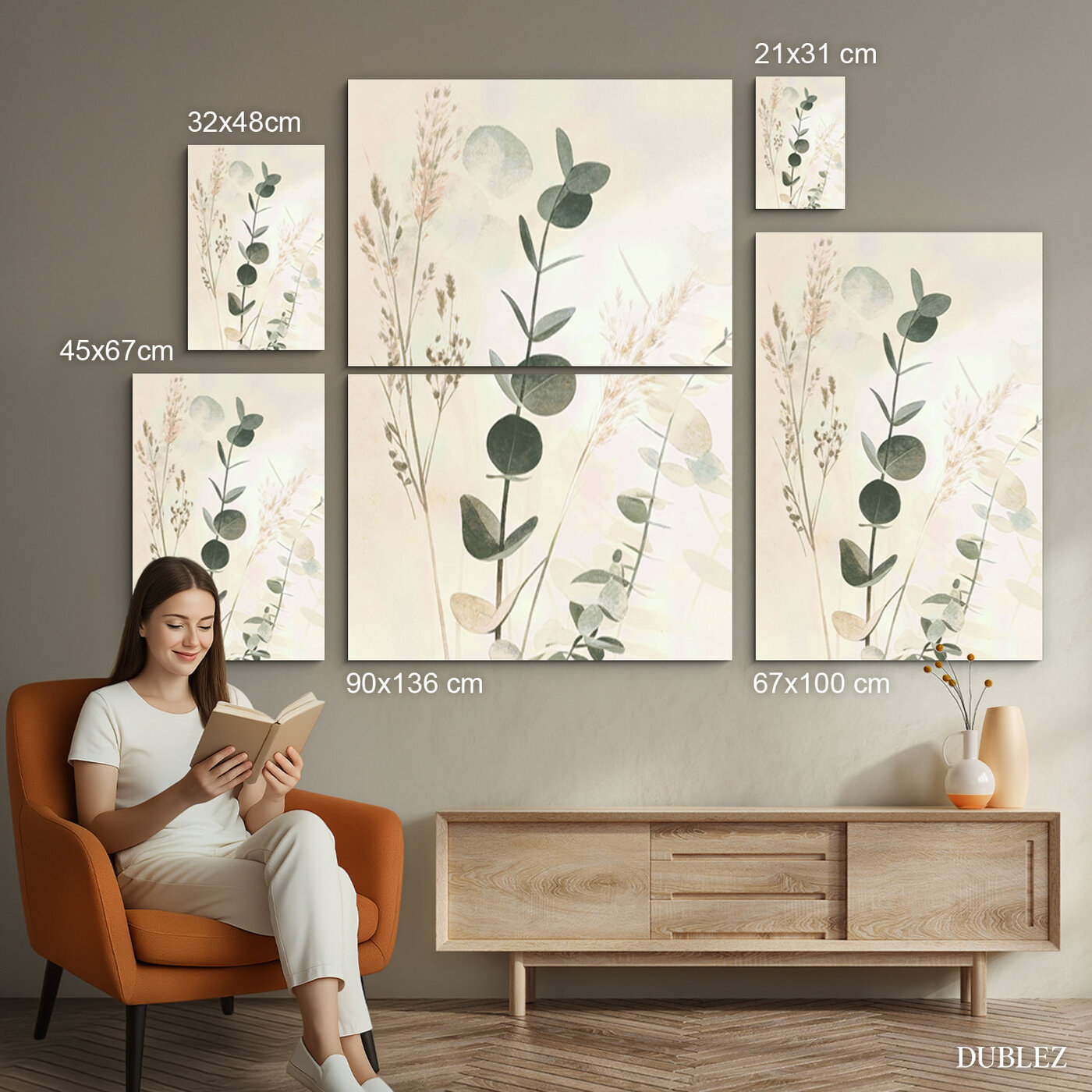 Prírodný obraz na stenu - Lúčne trávy s eukalyptom | 90x136 cm