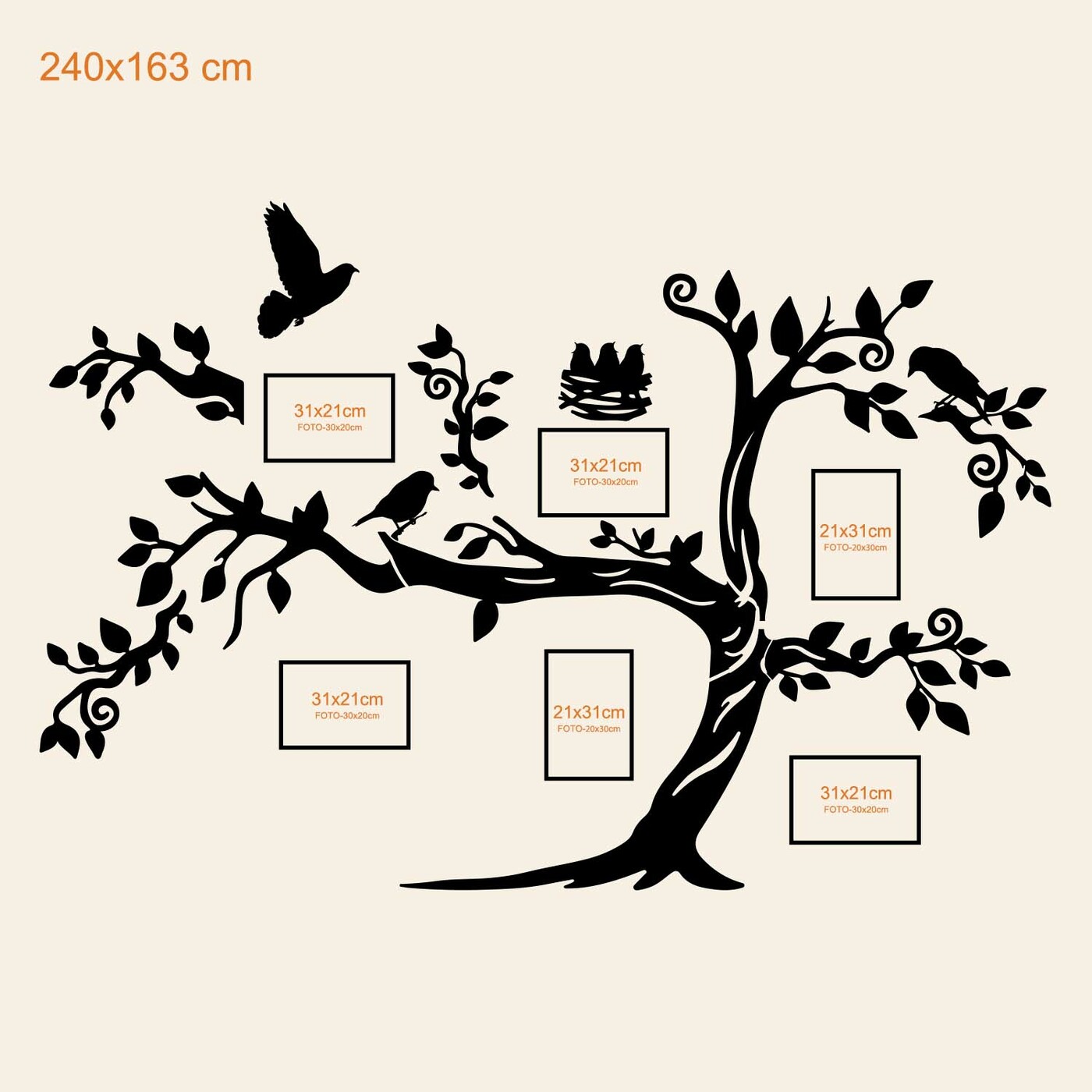 Wooden Family Tree on the Wall - Birds | 240x163 cm