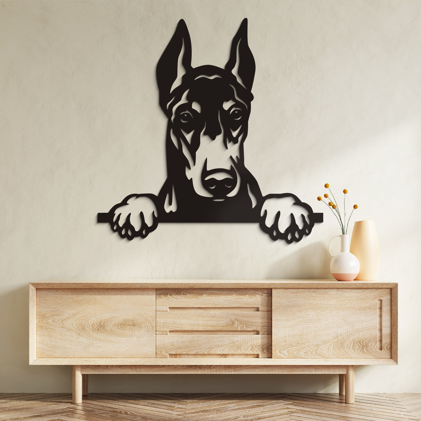 Decorațiune din lemn de perete - Câine Doberman | Negru
