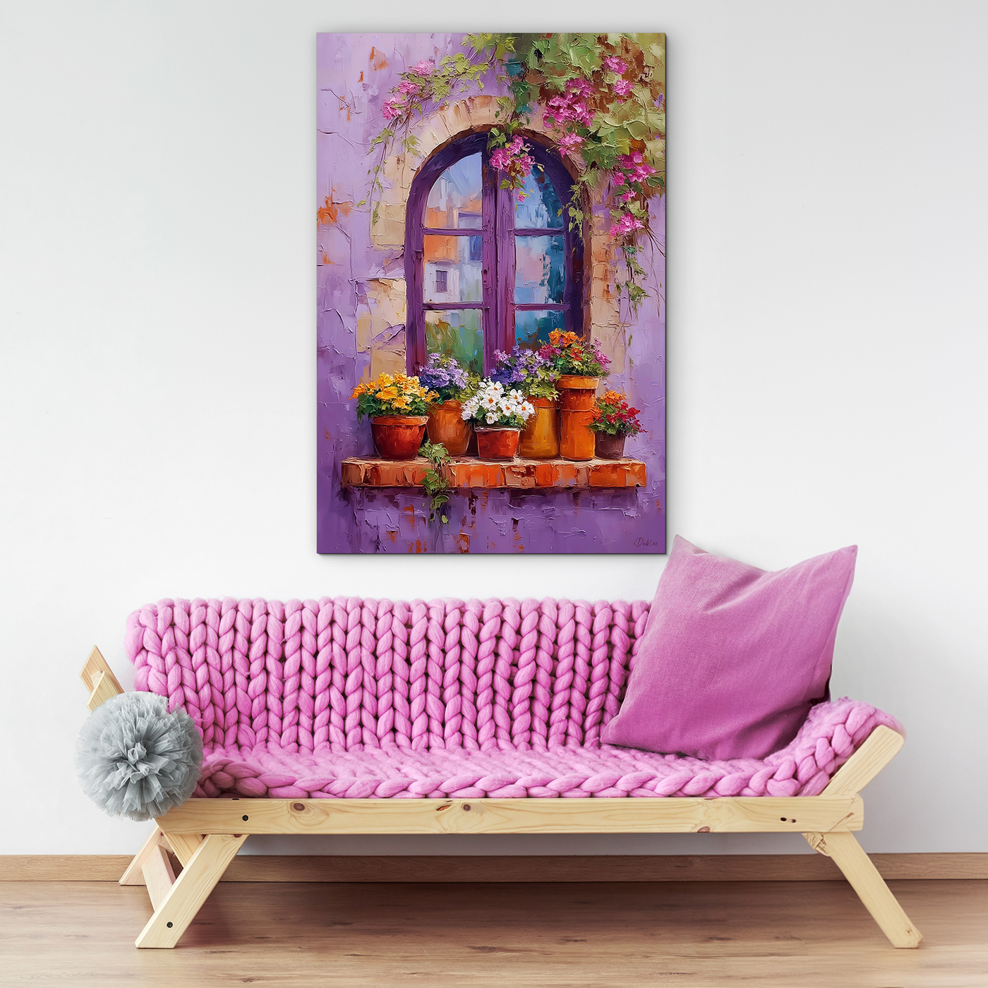 Obraz na stenu - Fialové okno s črepníkmi