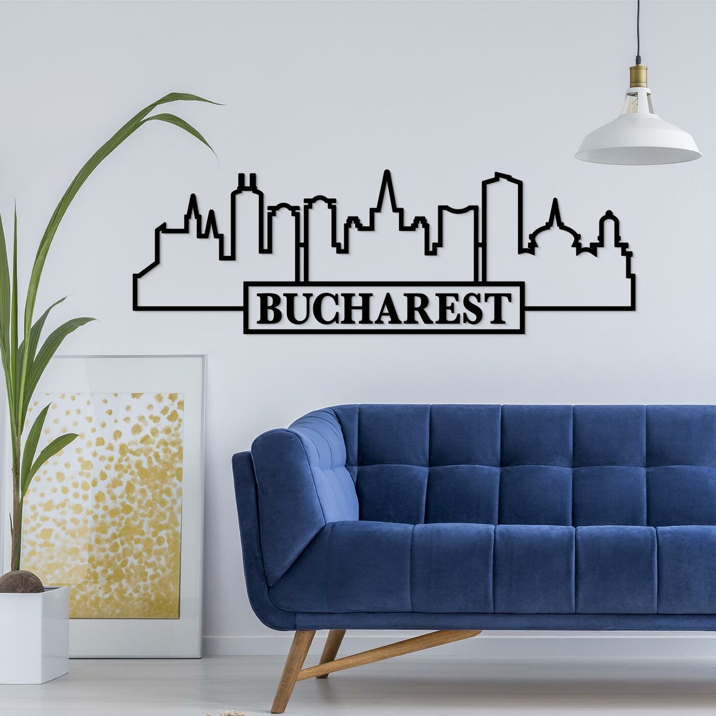 Drevená nálepka panorámy - Bucharest | Čierna