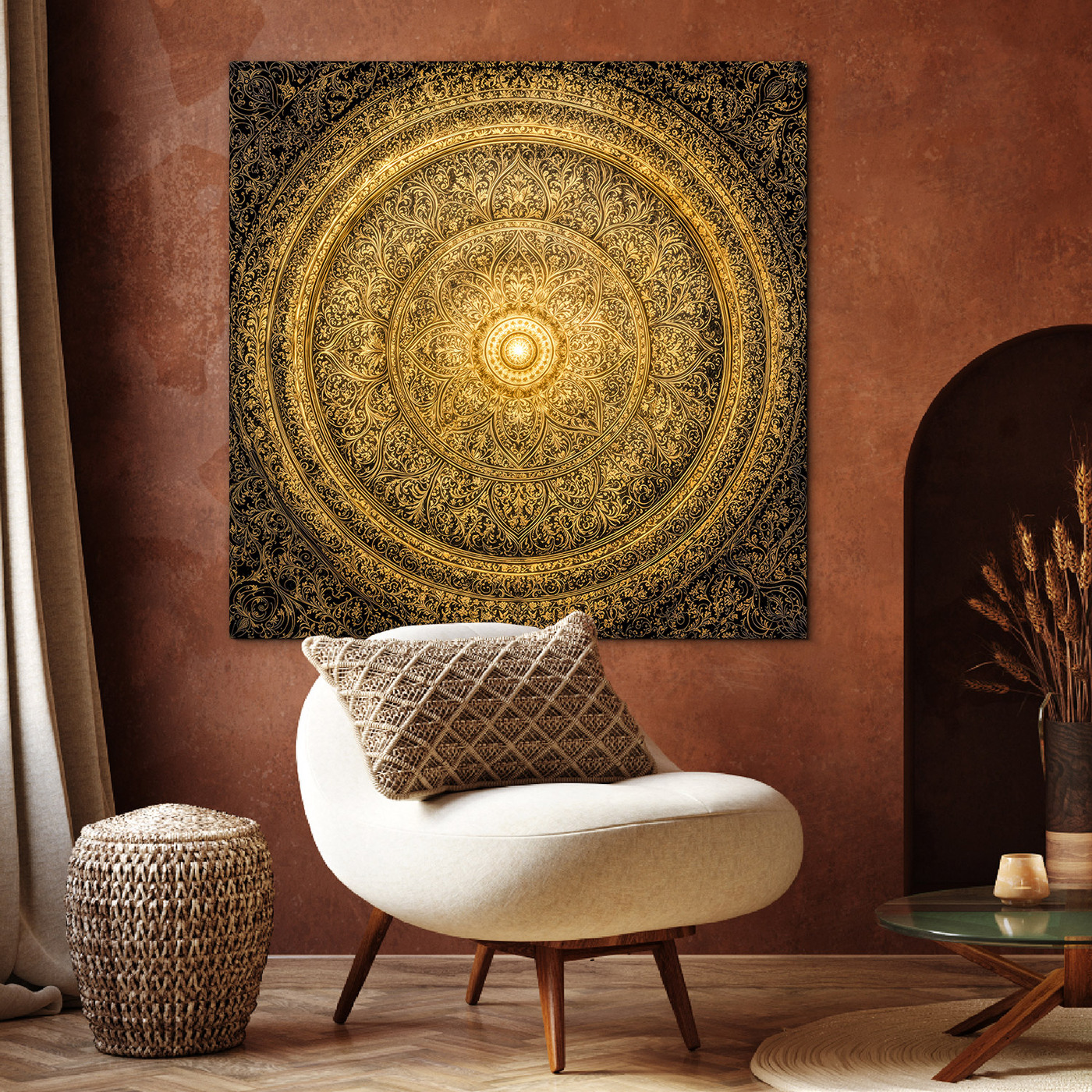 Drevený obraz zlatej mandaly - Dharma