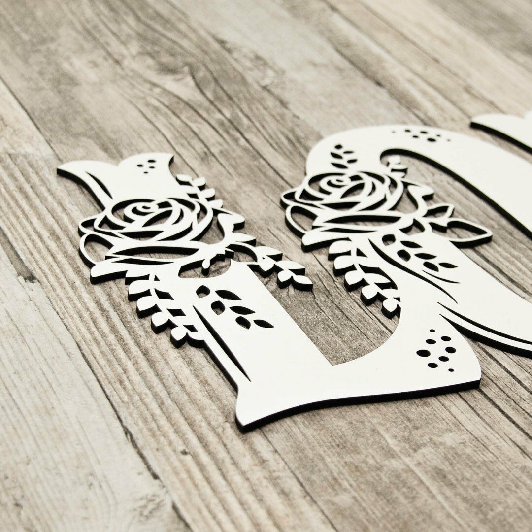 Wooden Wall Sticker - Love with Flowers | White