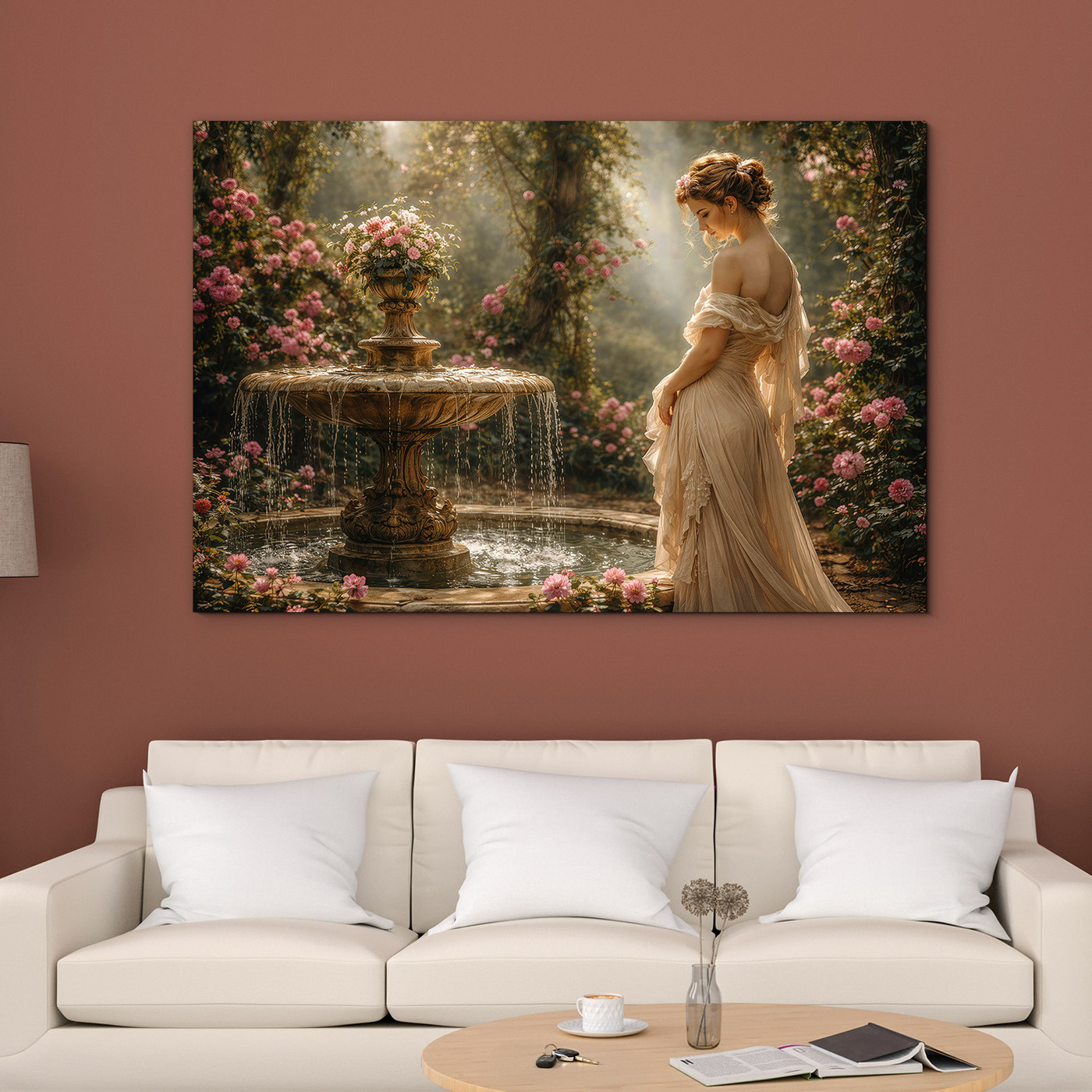 Vintage painting for the bedroom - Lady by the fountain