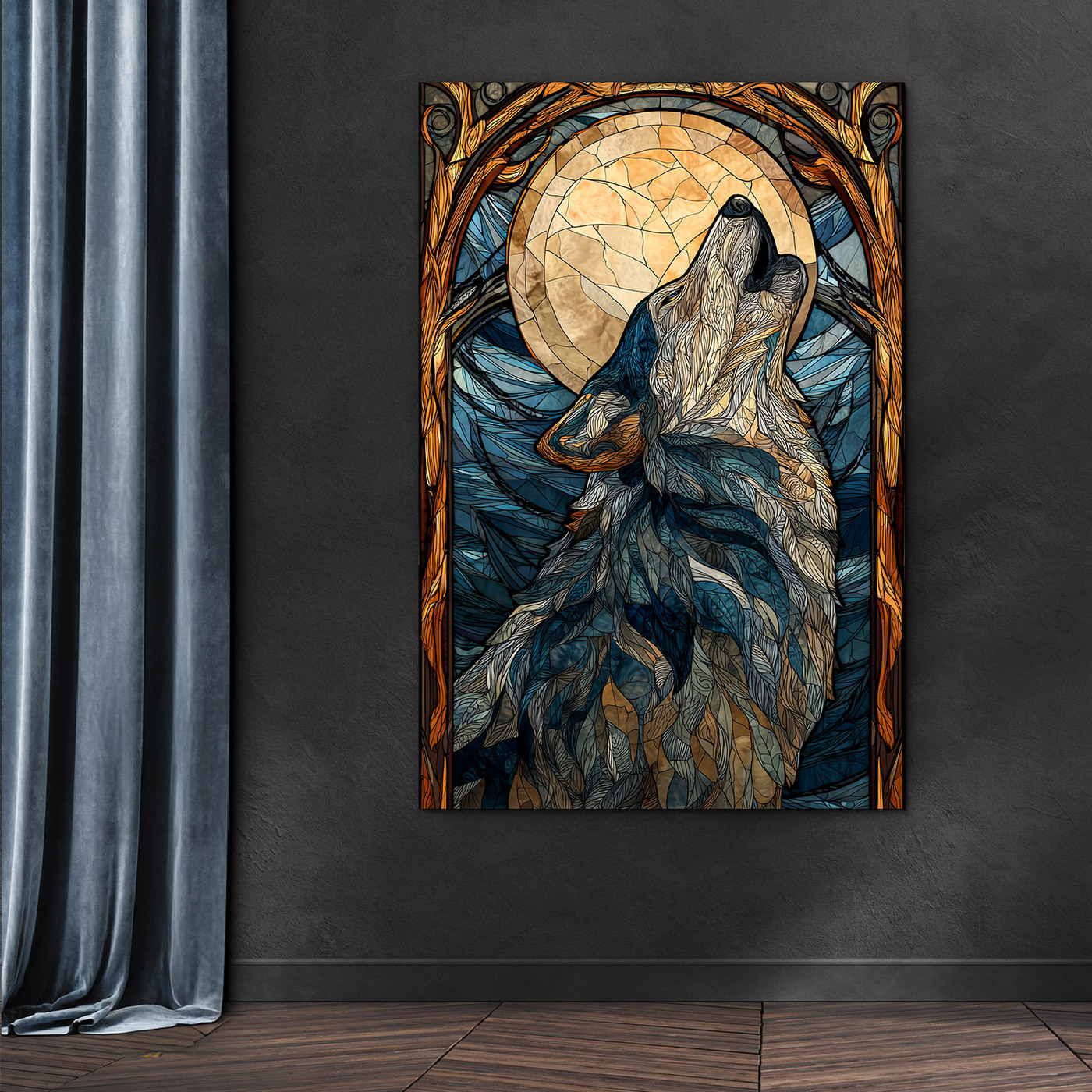 Drevený obraz - Vlk v štýle vitráže